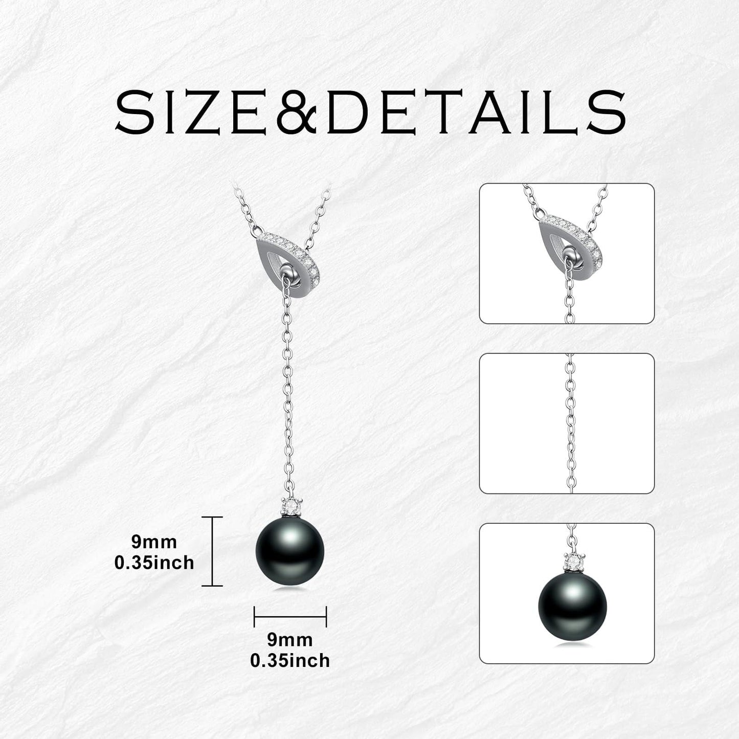 Black Pearl Necklace for Women 9-10mm Tahitian Single Pearl Y-Shaped 18k White Gold Plated Silver 18+2 Inches Adjustable