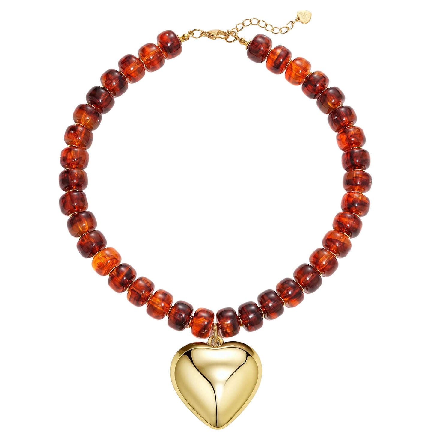 MIUSISHIYU Amber Brown Faux Stone Resin Chunky Necklaces for Women, Trendy Beaded Puffy Gold Heart Pendant Statement Choker, Lightweight Boho Y2K Summer Beach Jewelry