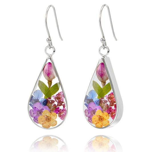 925 Sterling Silver Pressed Flower Teardrop Earrings,Hypoallergenic Women's Jewelry Gift for Mom and Wife,Handmade Natural Dried Flower Teardrop Earrings Jewelry Gift