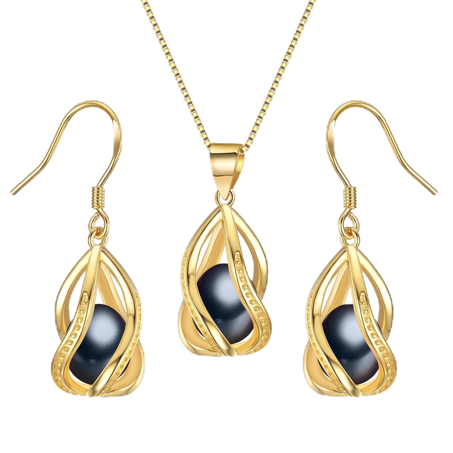 HENGSHENG Pearl Jewelry Set For Women 14K Gold Plated Necklace & Earrings Set Freshwater Pearl Pendant Cage Set for Wedding Anniversary Prom Birthday Gift - Golden Black