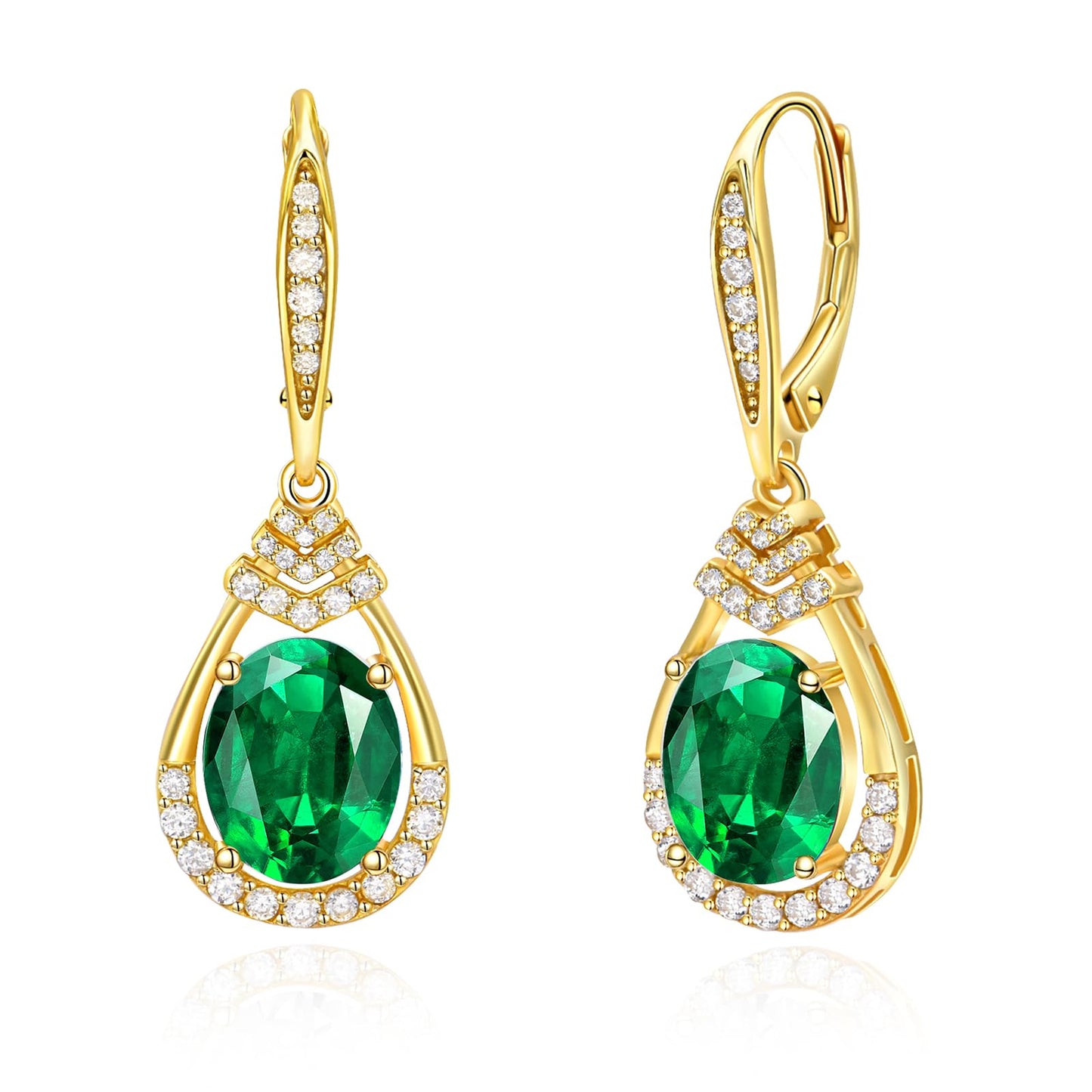 Green Emerald Dangle Earrings 18K G Plated Sterling Silver May Birthstone Teardrop Leverback Drop Earring for Women Lady | Wedding Jewelry Gifts for the Bride | Hypoallergenic Oval Cut CZ Earrings