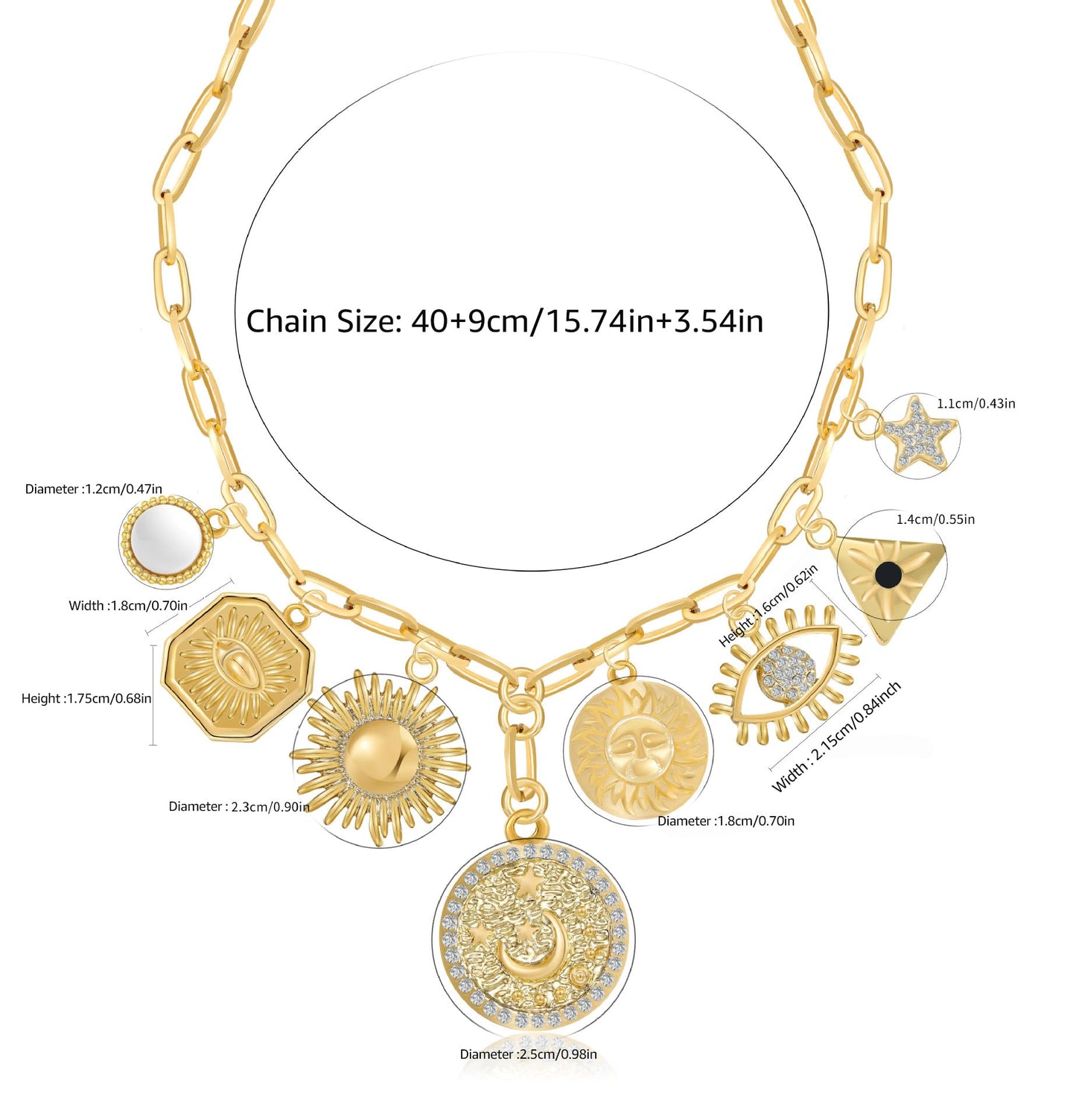 MISS RIGHT Charm Necklace for Women Dainty Gold Evil Eye Coin Lucky Charm Vintage Paperclip Chain Sun Moon Shell Chunky Pendant Necklace Jewelry Gifts Coin