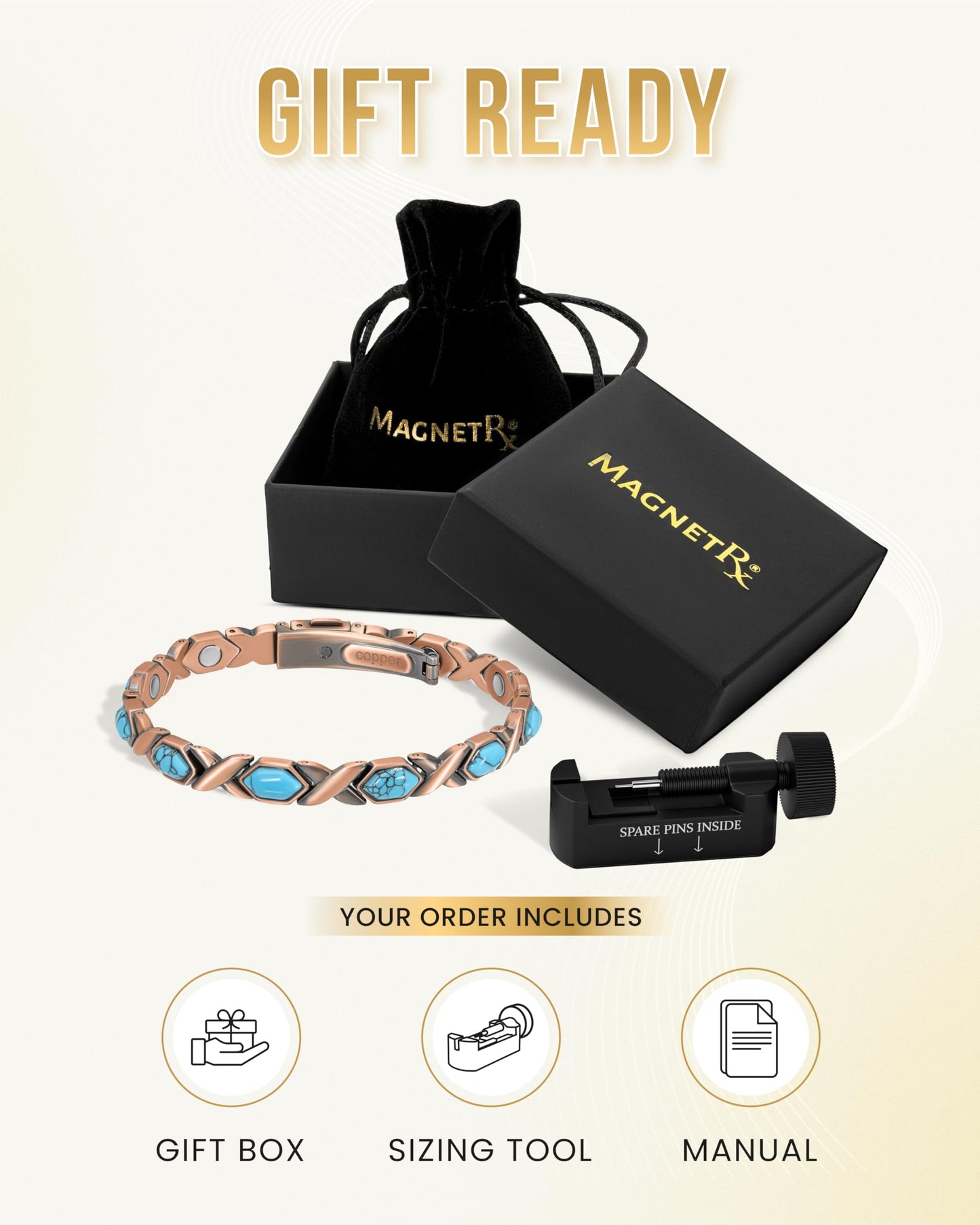 MagnetRX Pure Copper Bracelets for Women – Ultra Strength Copper Magnetic Bracelet with Turquoise Stone – Adjustable Turquoise Bracelet for Women with Sizing Tool (Turquoise XO)