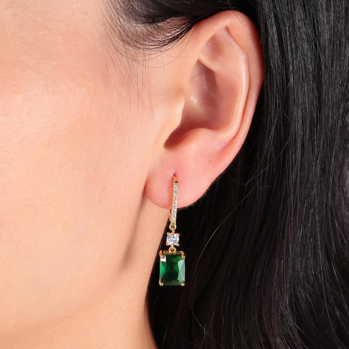 CiNily Leverback Earrings for Women Rectangular-cut Drop Dangle Earring Hypoallergenic, 14K Gold Plated Emerald Green Cubic Zircon Earrings Diamond Dangle Ear Rings Jewelry Birthday