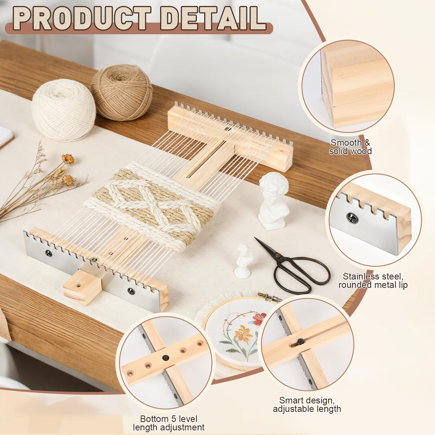 Adjustable Tapestry Weaving Loom Expandable 3.5in to 11.8in with Stainless Steel Peg Rails Wooden Frame Knitting Loom for Weaving Yarn Art Projects Ideal for Beginners Advanced