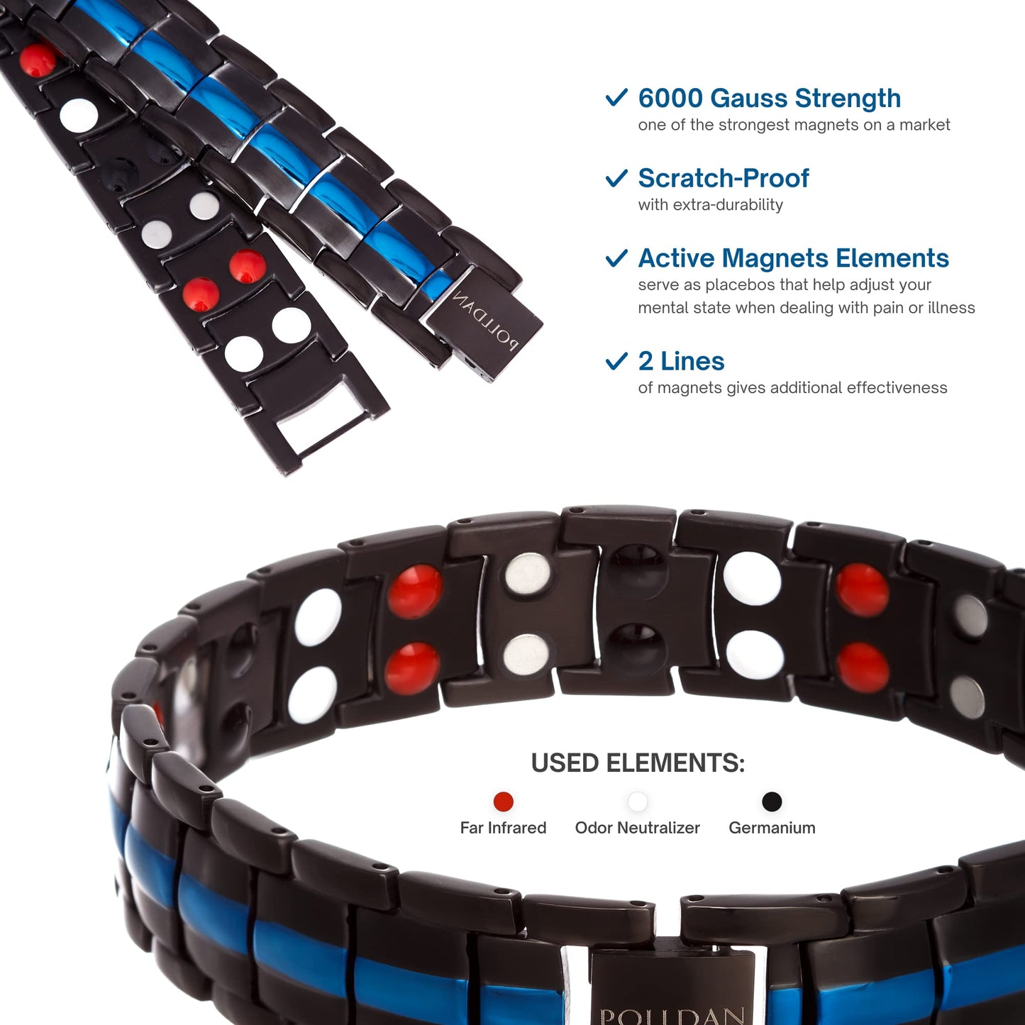 Polldan Magnetic Bracelets for Men 6000 Gauss Power | Titanium Bracelet for Men with 2X Strong Magnets | Durable Mens Magnetic Bracelet with Adjustable Length | Stylish Mens Jewelry & Black Metal Sizing Tool (Blue-Black)