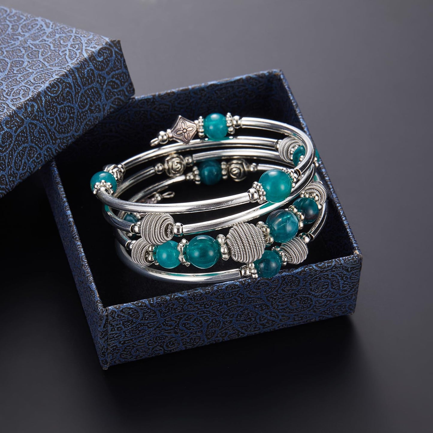 PEARL&CLUB Beaded Chakra Bangle Turquoise Bracelet - Fashion Jewelry Wrap Bracelet with Thick Silver Metal and Mala Beads, Birthday Gifts For Women(Sea green)