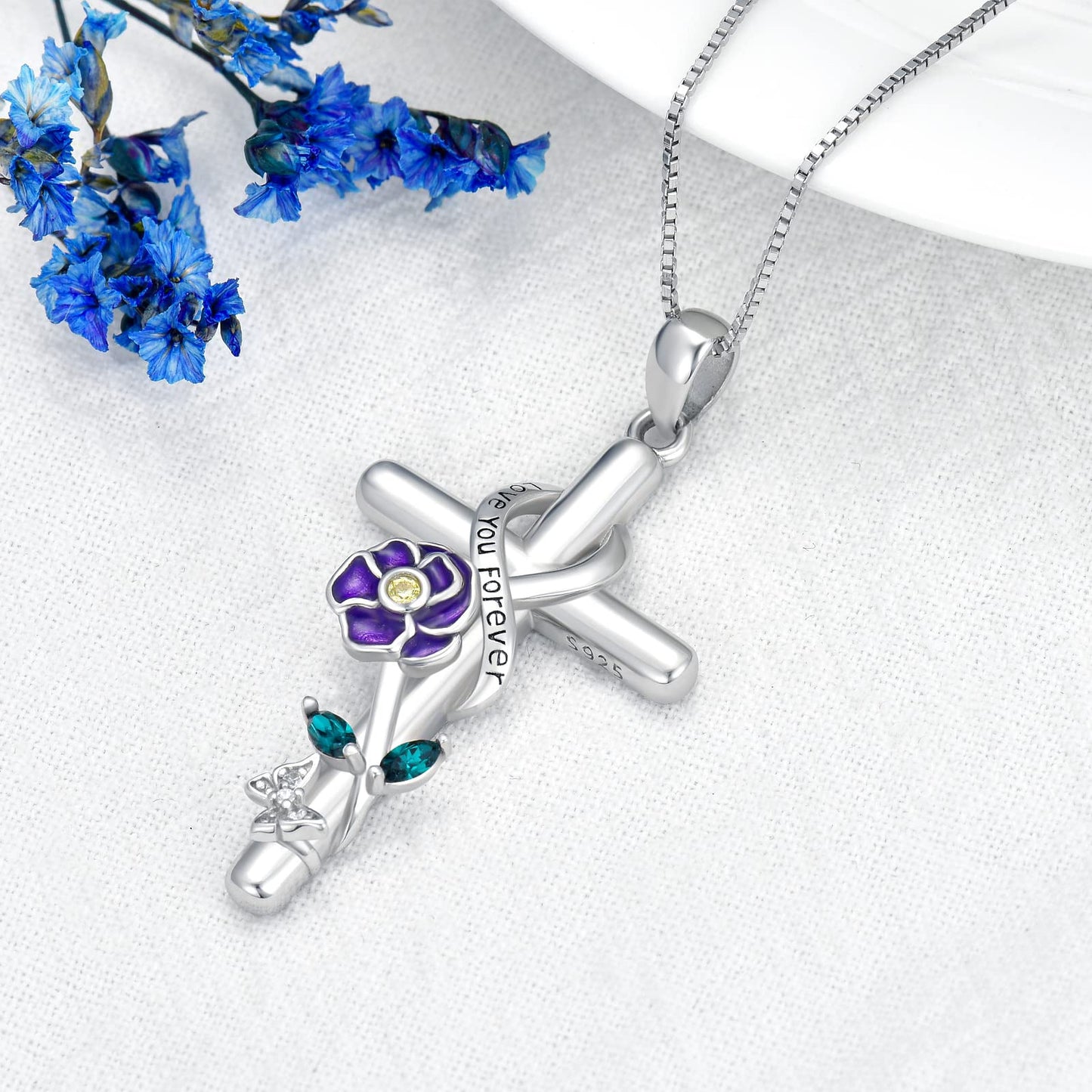 Flpruy Violet Birth Flower Necklace 925 Sterling Silver Cross Necklace Violet Jewelry 12 Month Birth Flower Floral Pendant Birthday Jewelry Gifts for Women Mom