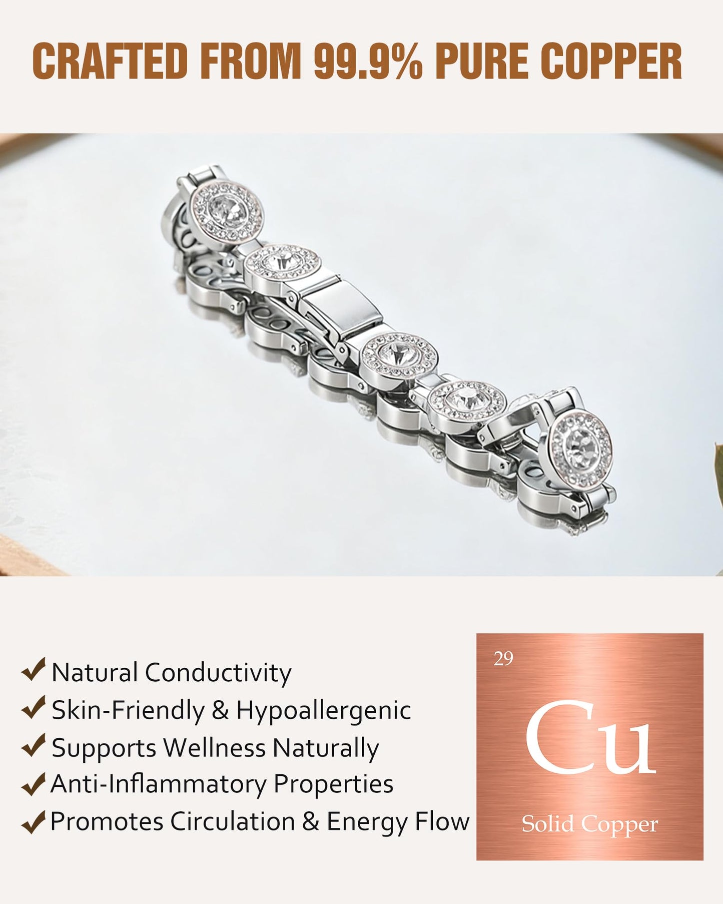 Jecanori Brilliant Crystals Copper Bracelet for Women, 4X Strength Magnetic Therapy Bracelet with 3800 Gauss Neodymium Magnets, Adjustable Pure Copper Jewelry Gift