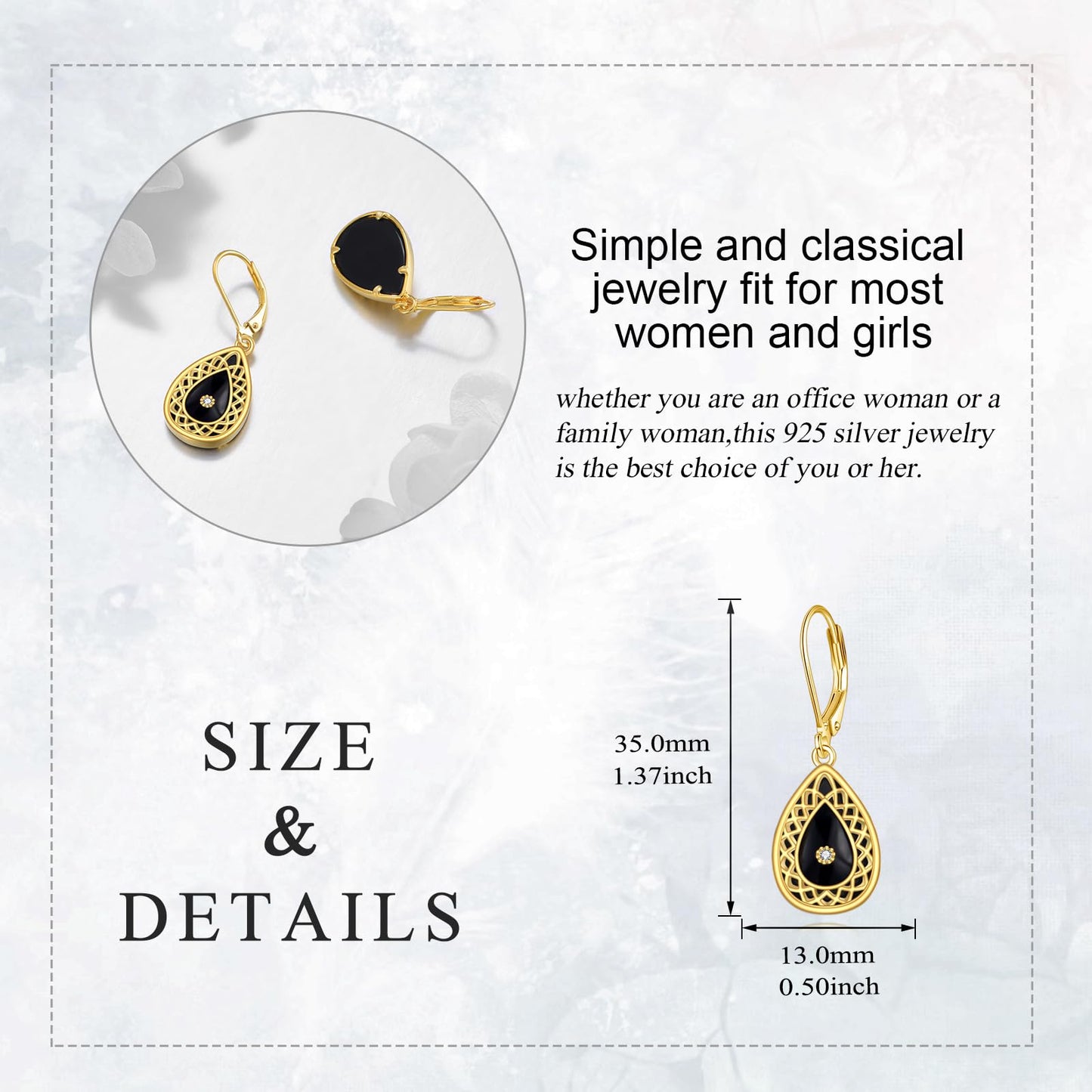Black Onyx Drop Earrings for Women Sterling Silver 18K Yellow Gold Plated Filigree Black Onyx Dangle Leverback Earrings Jewelry Gifts