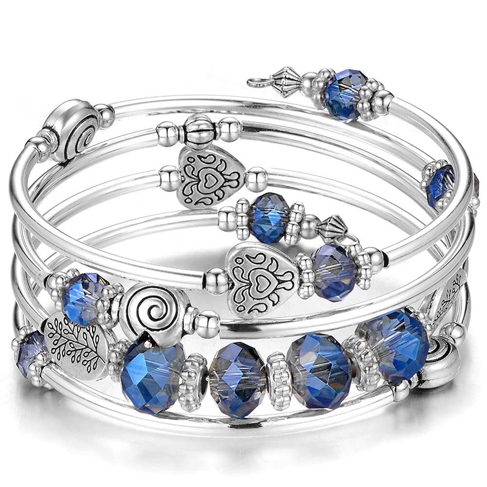 PEARL&CLUB Bead Crystal Wrap Bangle Bracelet - Fashion Jewelry Beaded Bracelet with Silver Metal, Gifts for Women(23-Transparent blue)
