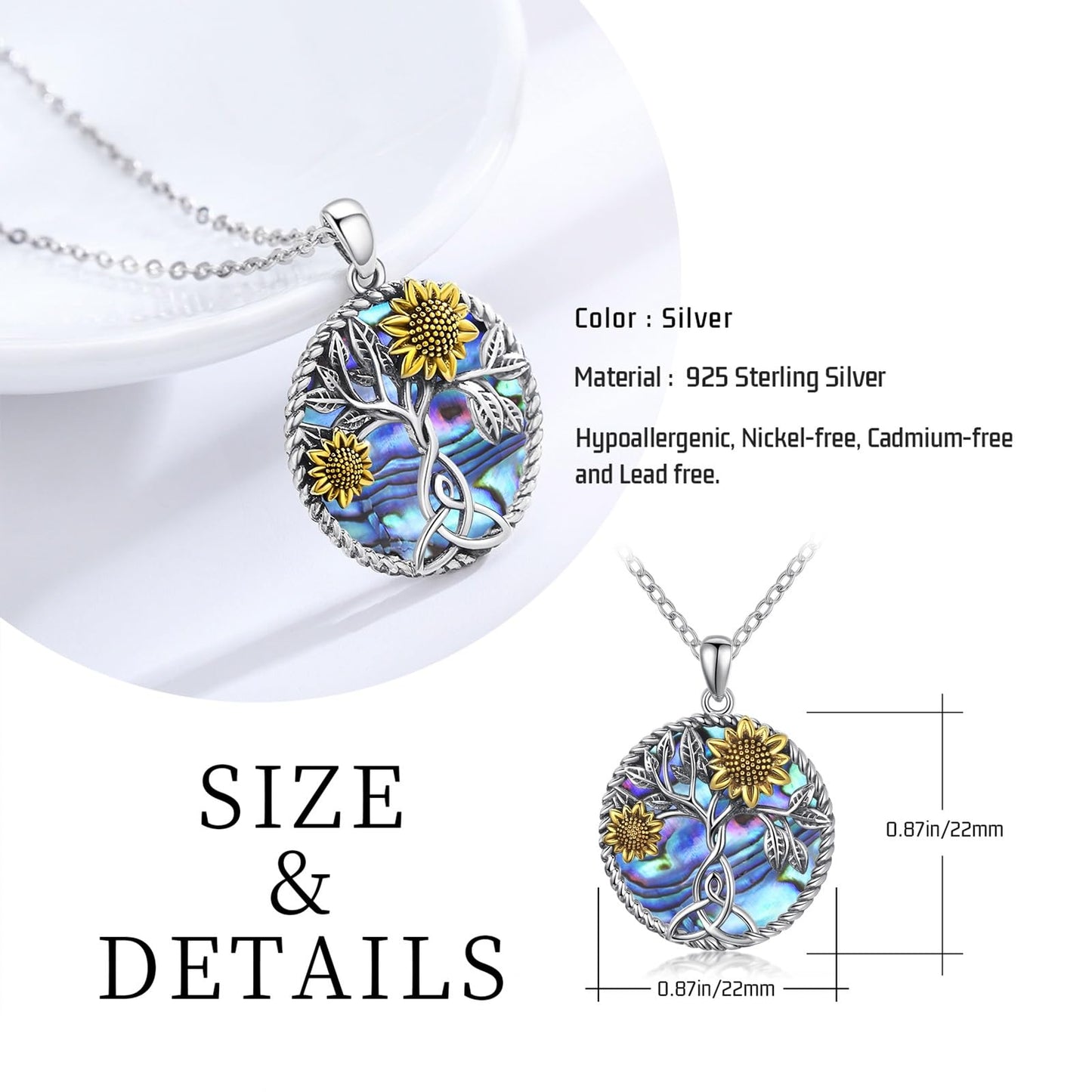 CHENGHONG Sunflower Abalone Necklace 925 Sterling Silver Tree of Life Pendant Necklace You are My Sunshine Sunflower Jewelry Gifts for Women