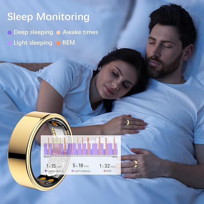 Ring Health Tracker for Women Men, Fit Ring with Heart Rate, Blood Oxygen, Sleep Monitor, Calories, Step Counter, IP68 Waterproof Smart Ring for iPhone & Android, No Subscription Fee (Gold, 10#)