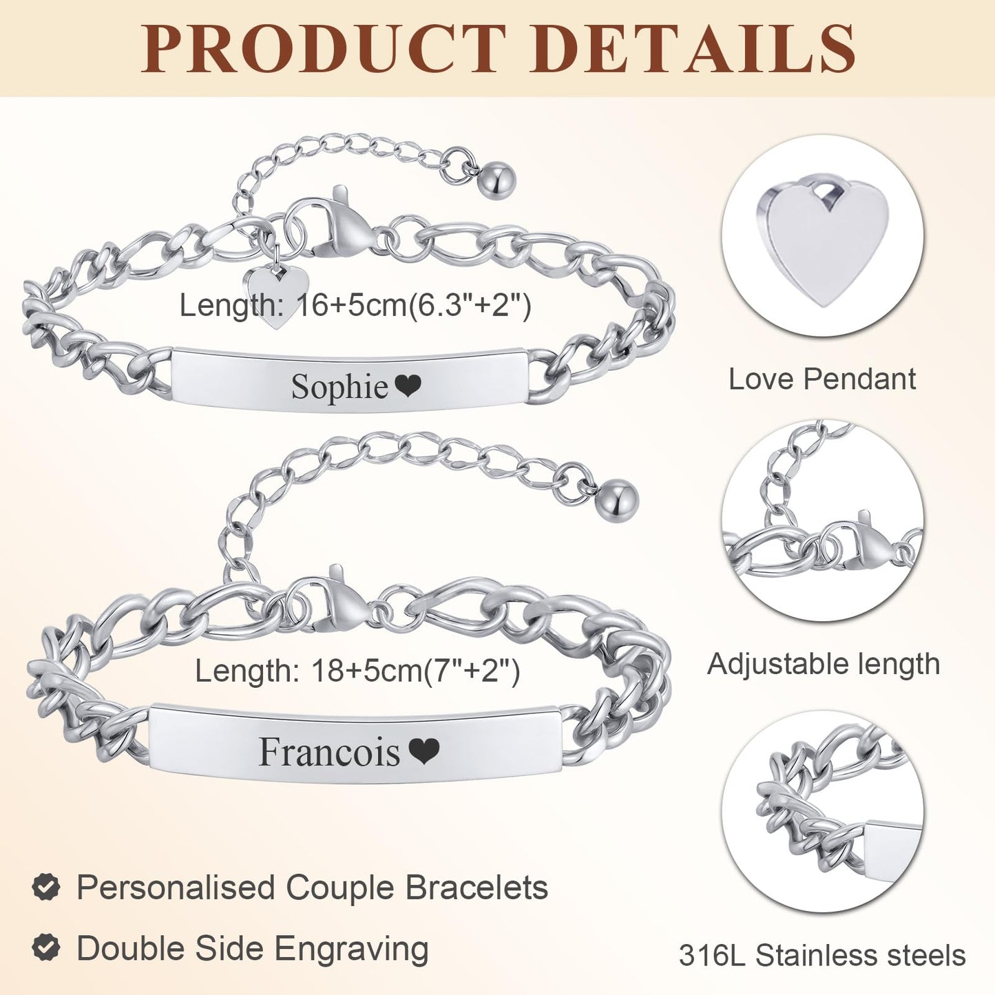 Personalized Matching Bracelet for Couple - Free Engraving Custom Couples Bracelets,Hypoallergenic Adjustable Stainless Steel Long Distance Relationship Jewelry,Promise Bracelet Gifts for Him and Her