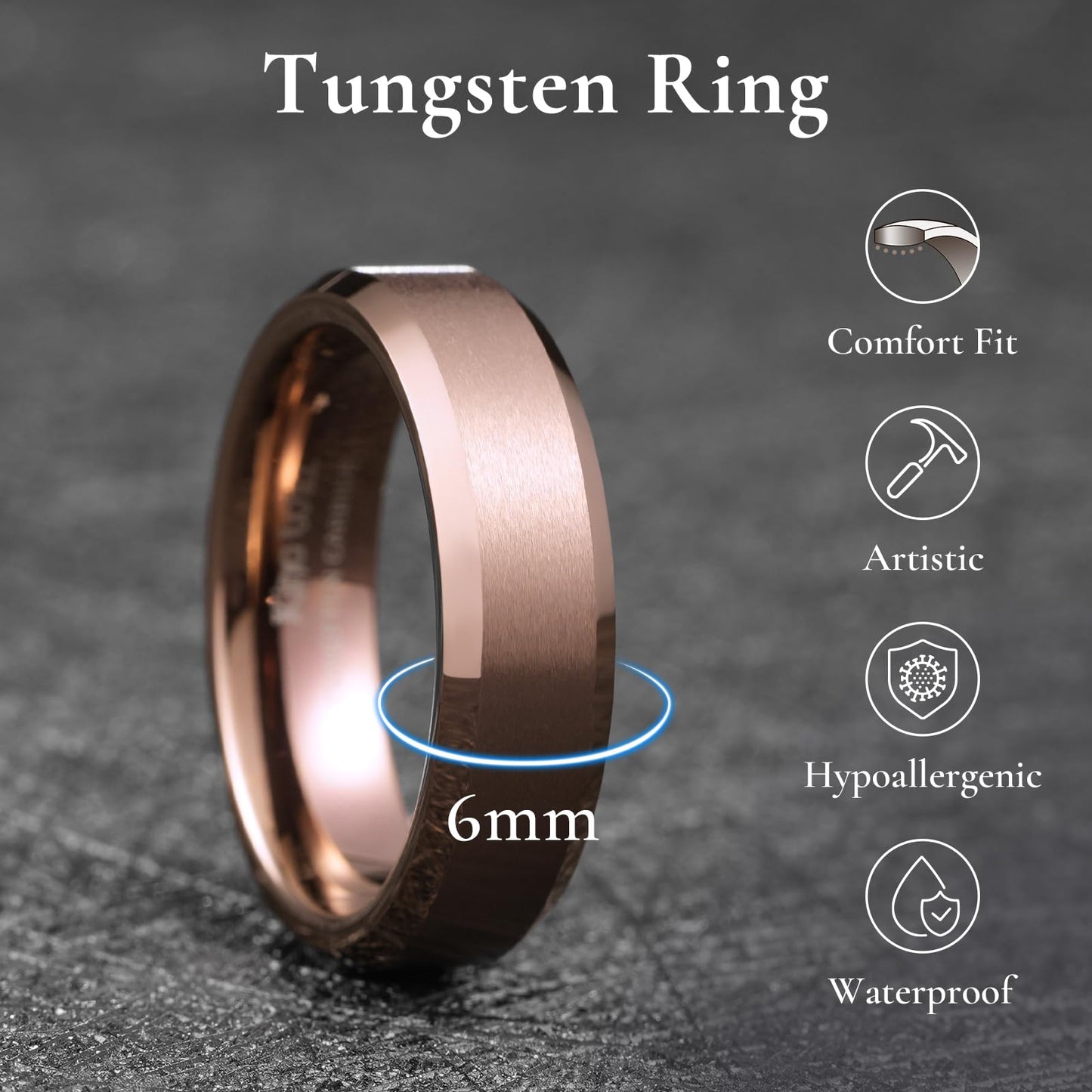 King Will Brown Basic Tungsten Rings For Men 6mm Wedding Band Polished Edge Brushed Matte Promise Ring Comfort Fit, Size 10