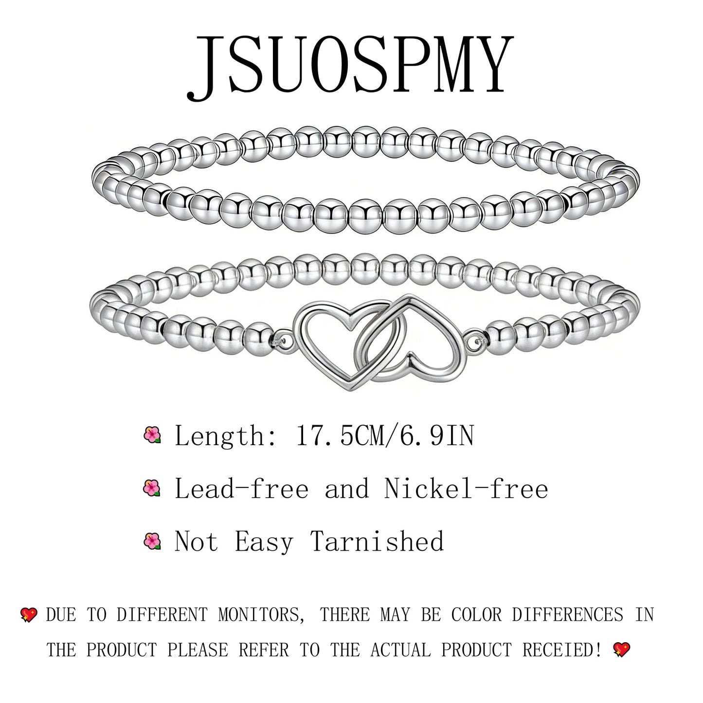 Silver Beaded Bracelets for Women 14K Silver Double-heart Bracelet Handmade Stackable Bracelets for Women Trendy Non Tarnish Bracelet Jewelry Gift for Womens 2Pcs (08.Double-heart+Beaded (Silver))