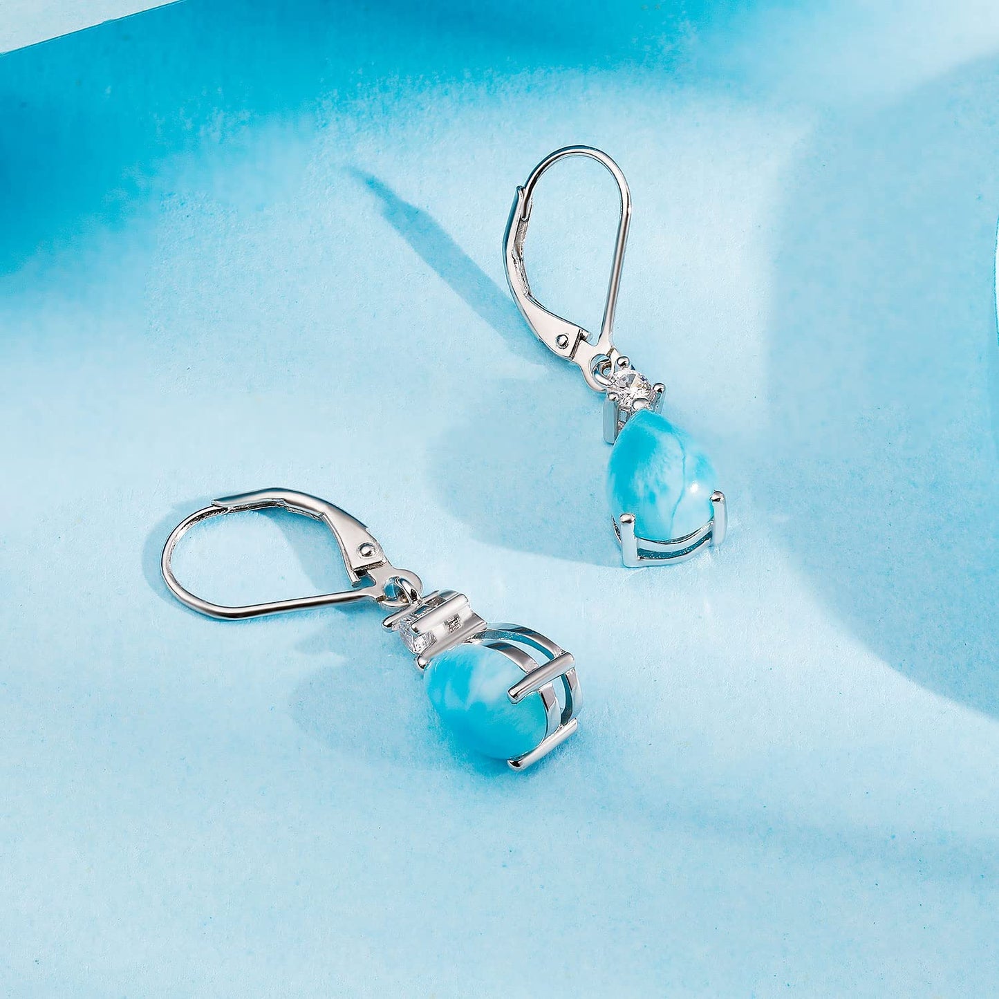 925 Sterling Silver 7 * 9mm Teardrop Larimar Leverback Earrings for Women,Pear Shaped Blue Gemstone Dangle Earrings Hypoalleregenic Jewelry