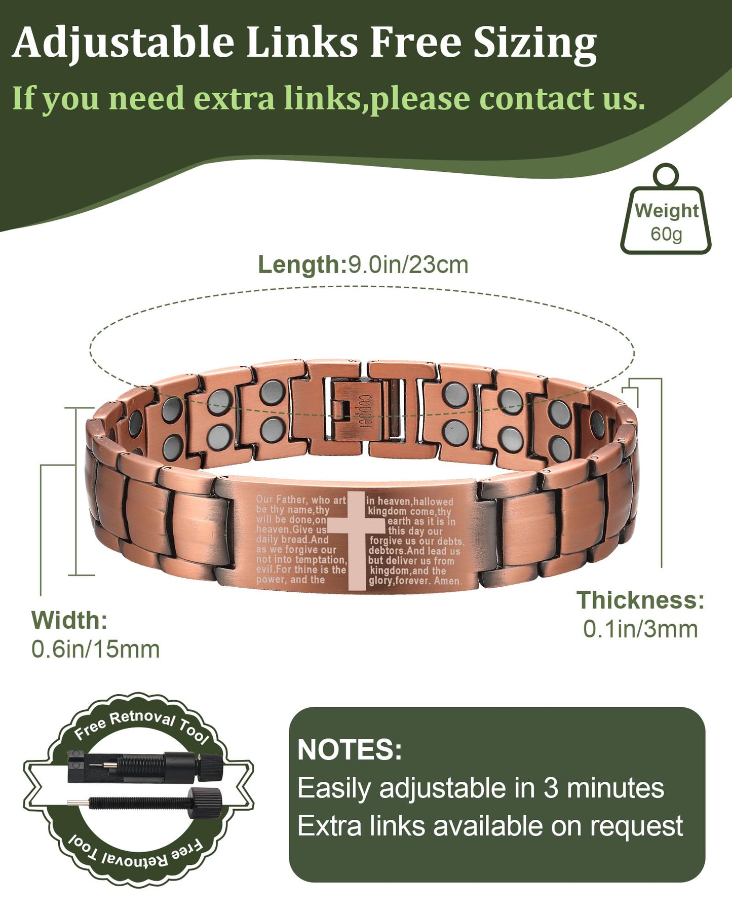 Fashtour Copper Cross Bracelet for Men - Ultra Strength Magnetic Mens Cross Jewelry Set - Adjustable Magnetic Bracelet with Sizing Tool Jewelry Box(Copper)