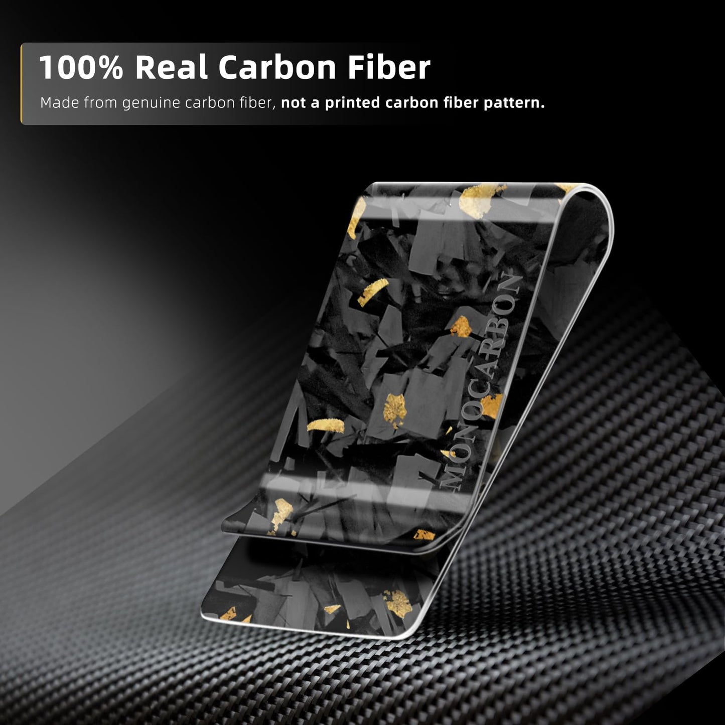MONOCARBON Real Forged Carbon Fiber Money Clip for Men, 1.38-inch Wide Ultra-Thin & Ultra-Light Minimalist Wallet for Cash, Slim EDC Credit Card Holder-Gift for Husband/Boyfriend-Gold