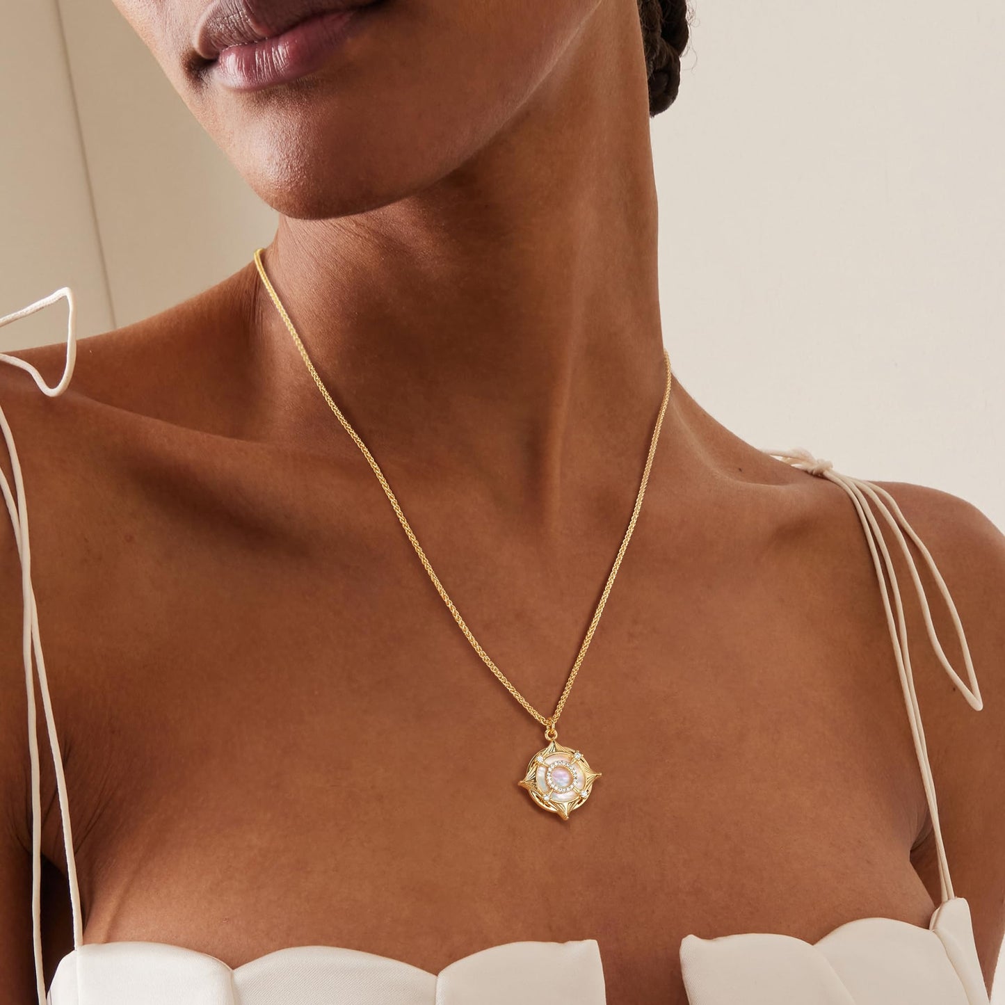 Fettero Dainty MOP Necklaces for Women, 14K Gold Plated Compass Pendant Cute Charm Neclace Delicate Pearl Beach Gold Necklace for Women Jewelry Gift