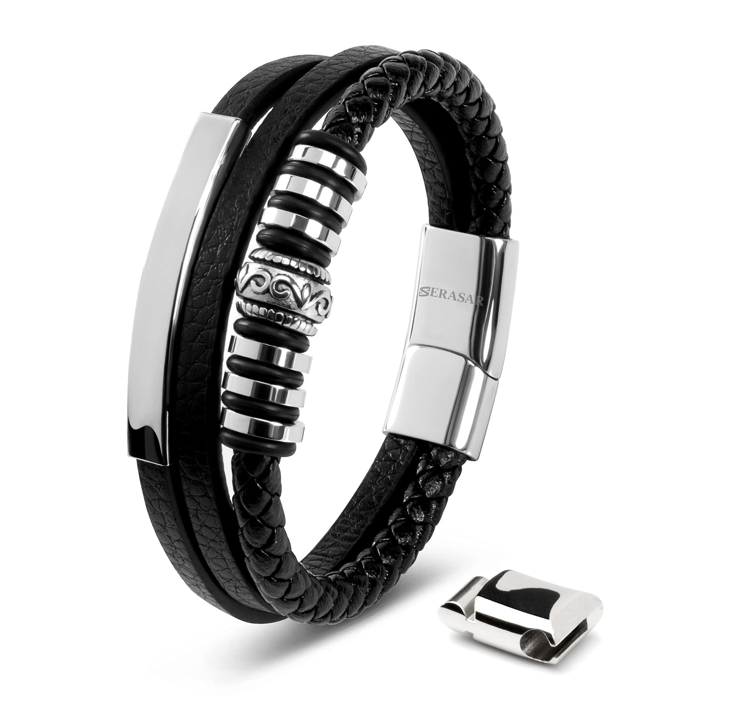 SERASAR 8″ Silver Leather Bracelets for Men Mens Cowhide Gift Box Braided Bracelet Stainless Steel Jewelry Wrist Band Cuff Wrap Rope Bangle Dad Pulseras para Hombres Cuero Regalo