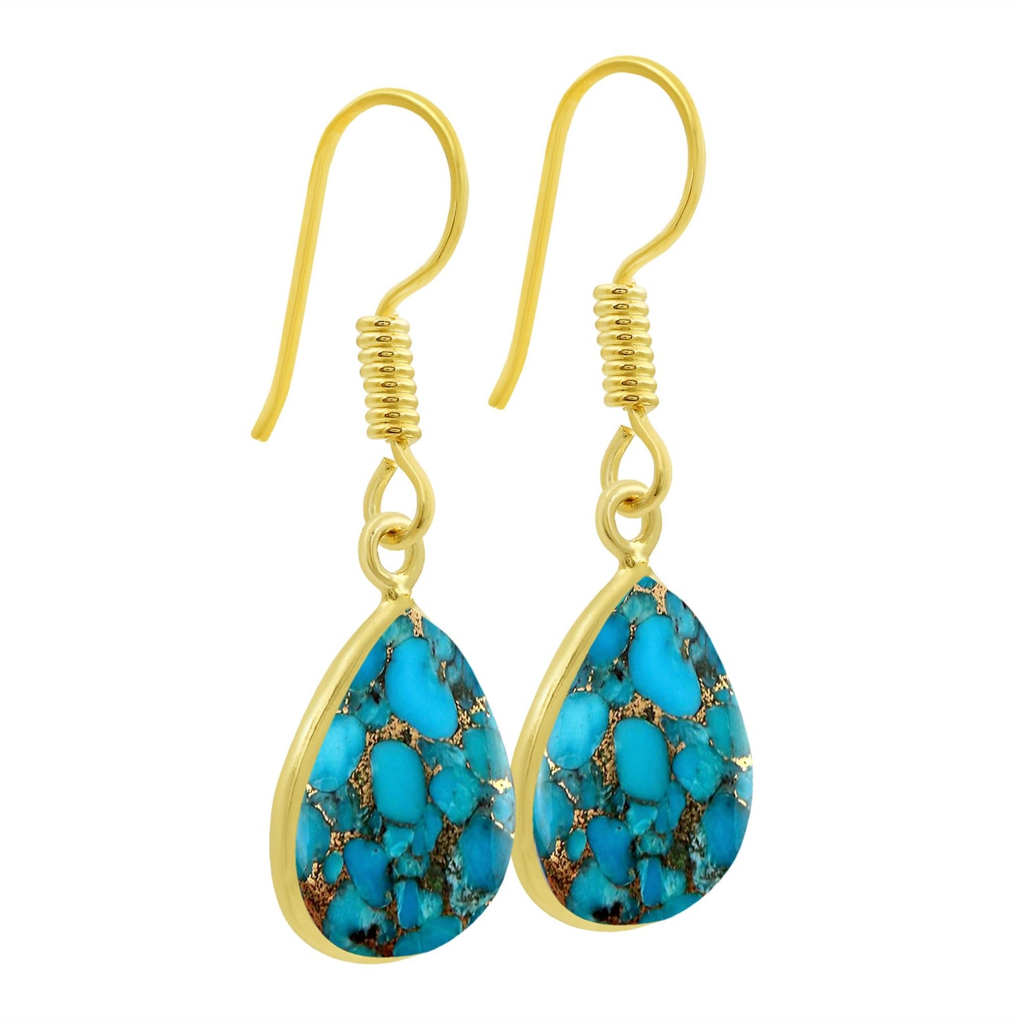 Natural Blue Copper Turquoise Pear Shape Dangle Earrings for Women - 14K Yellow Gold Plated December Birthstone Blue Gemstone Earrings - Handmade Jewelry Gifts for Her