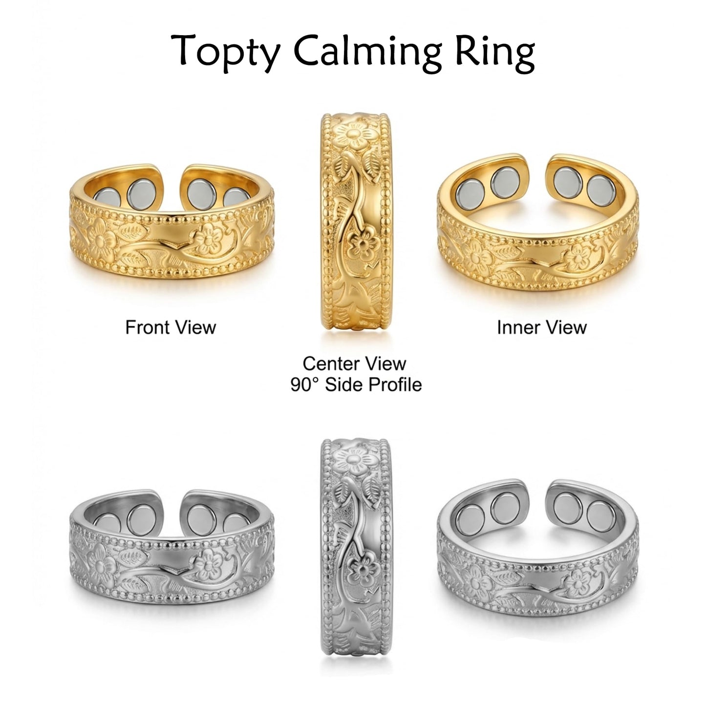 2PCS Magnetic Rings for Women Anti Snoring Ring Auvulis Migraine Rings Titanium Ion Magtherapy Lymphatic Drainage Rings Lymph Nodes Acupuncture Therapy Stainless Steel Ring For Women Men Health Jewelry Gifts (C：Flower 2Pcs-Four magnetic strips)