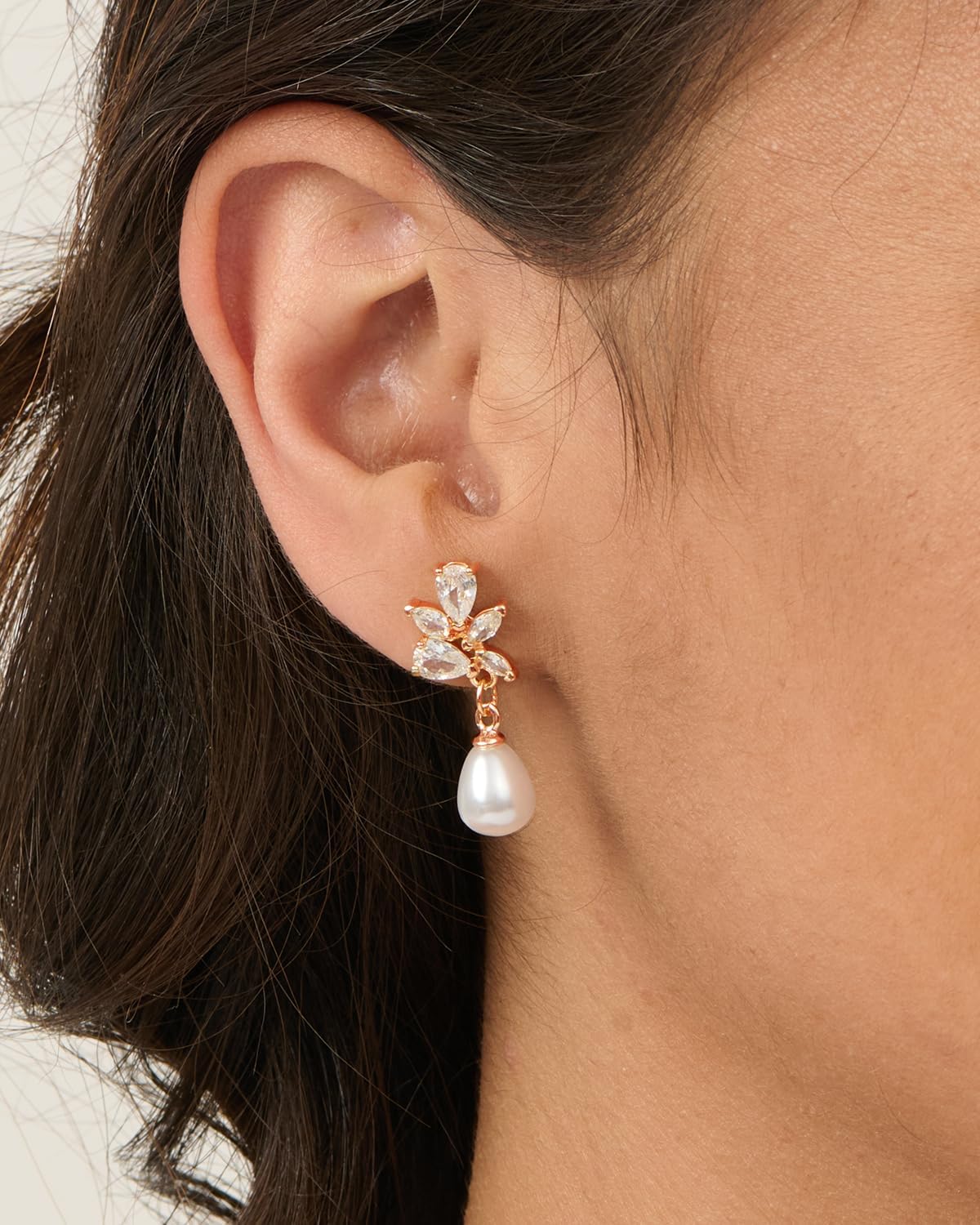 PRTGL Pearl Earrings: 14k Rose Gold Plated Cubic Zirconia Accented Teardrop Pearl Drop Wedding Engagement Earrings For Women Bridal Bridesmaid (Leaf Designed)