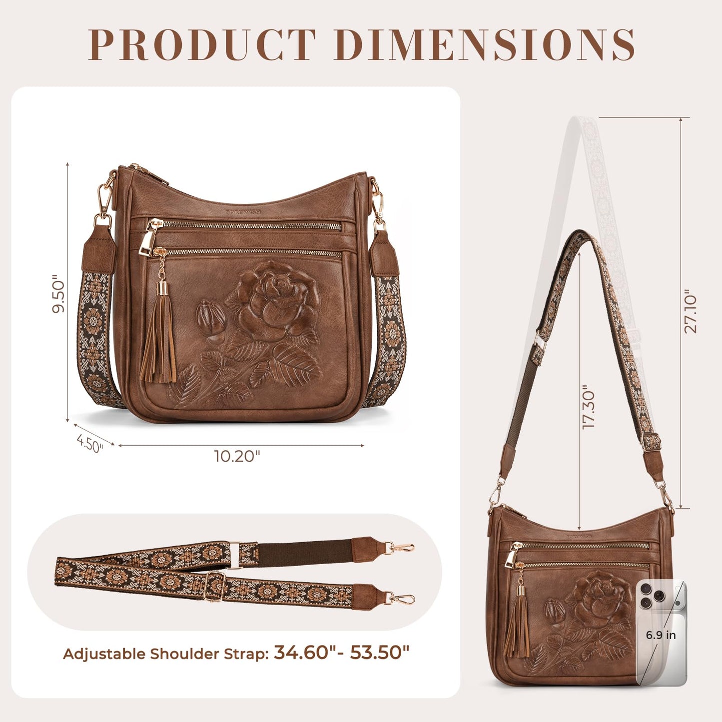 FORUWISH Crossbody Bags for Women, Vegan Leather Brown Crossbody Purse, Multiple Pocket Everyday Travel Shoulder Bag with Boho Strap