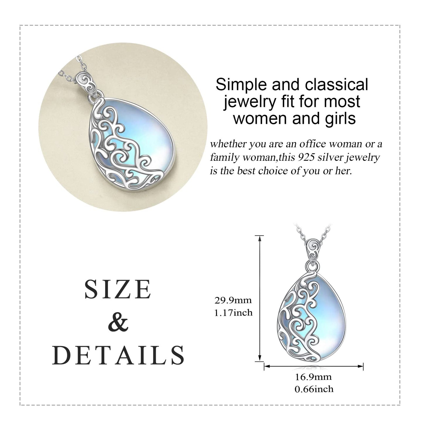 YAFEINI 925 Sterling Silver Moonstone Necklace Filigree Teardrop Pendant Necklace Jewelry for Women (D-Filigree Moonstone Necklace)