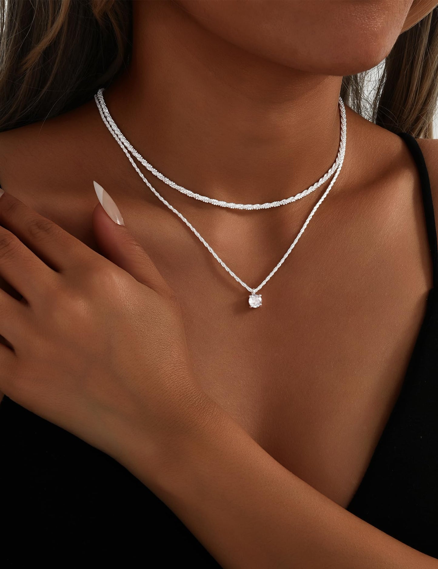 YEEZII Layered Gold Necklaces for Women Trendy, 3 Pcs 14K Gold Plated Choker Paperclip Box Chain Necklace, Stackable Women's Gold Pendant Necklaces Jewelry Set (Silver-A)
