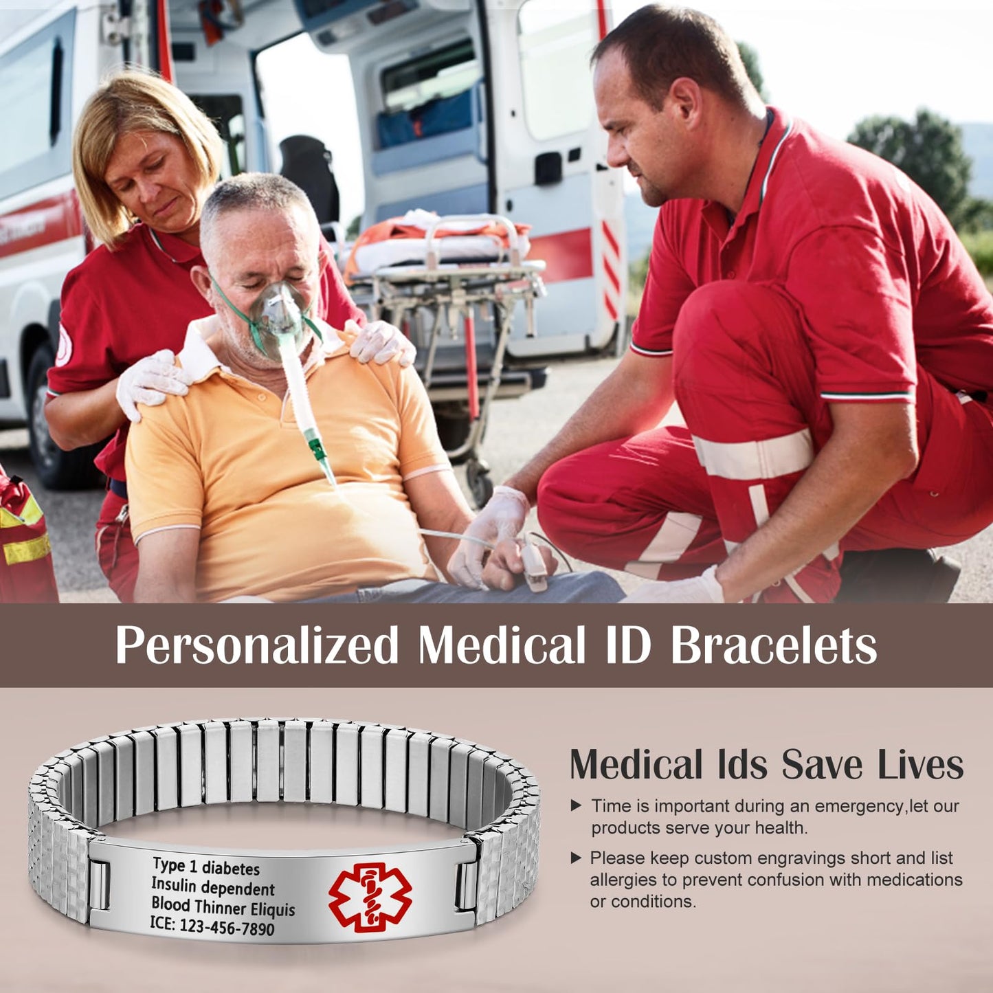 Bijouweled Medical Alert Bracelet for Women Men 7.5 to 9.8 Inches Emergency ID Bracelets Free Engraving Personalized Medic Alert Bracelet for Adult (Silver 7.3inch stretchable)