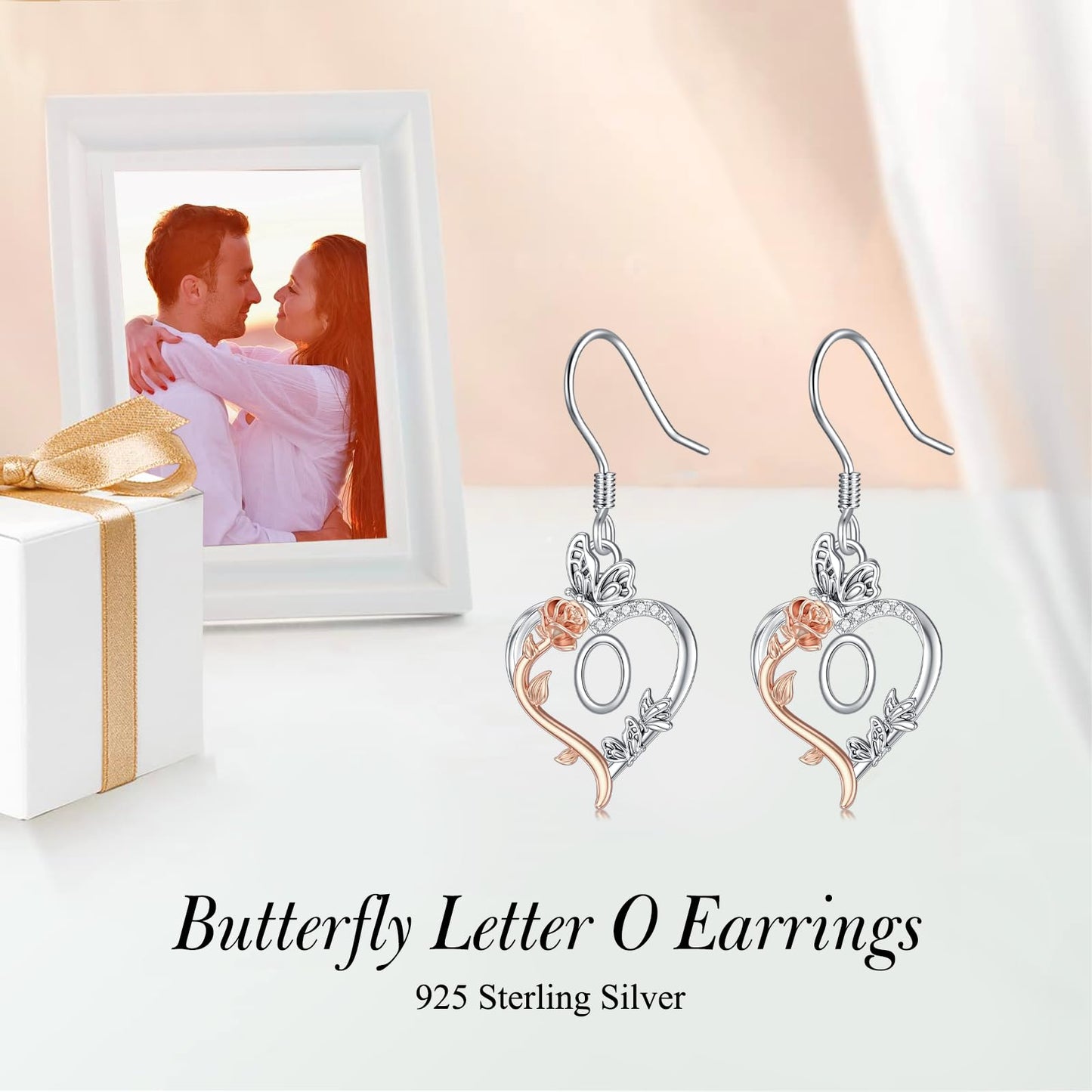 TOUPOP Rose Heart Initial Earrings Sterling Silver Butterfly Earring Initial O Letter Drop Dangle Earrings Jewelry Anniversary Birthday Mothers Day Gifts for Women Mom Wife Girlfriend Her