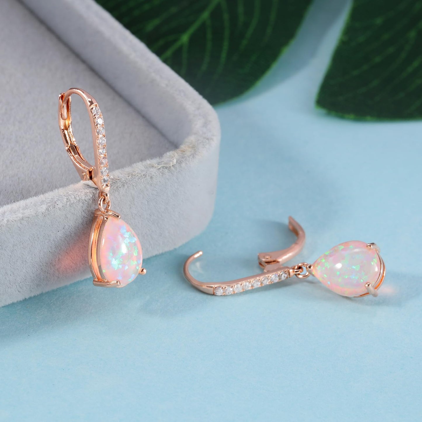 Leverback Pink Opal Dangle Earrings 14k Rose Gold Plated Drop Earrings for Women Teardrop Earrings Elegant Jewelry Gifts for Christmas Birthday Party