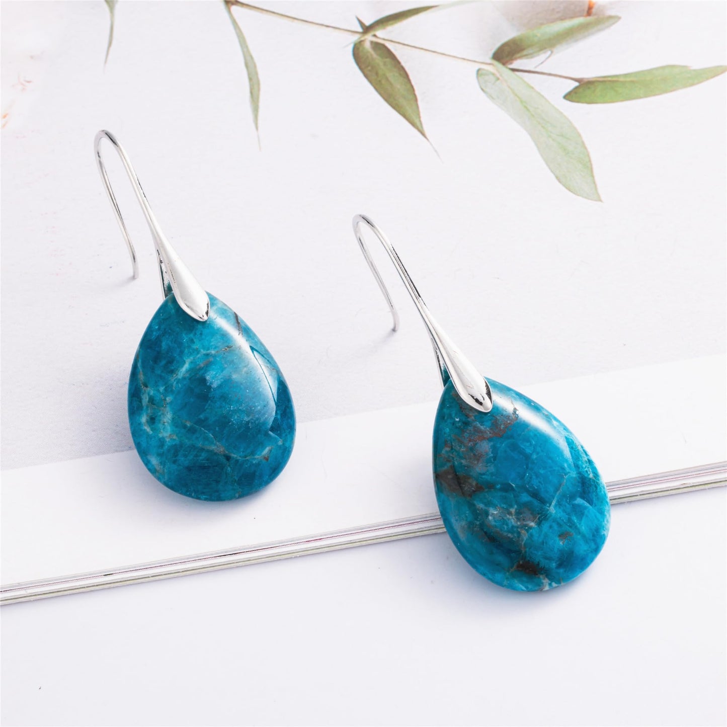 SELOVO Cyan Color Teardrop Stone Dangle Drop Fishhook Earrings Silver Tone