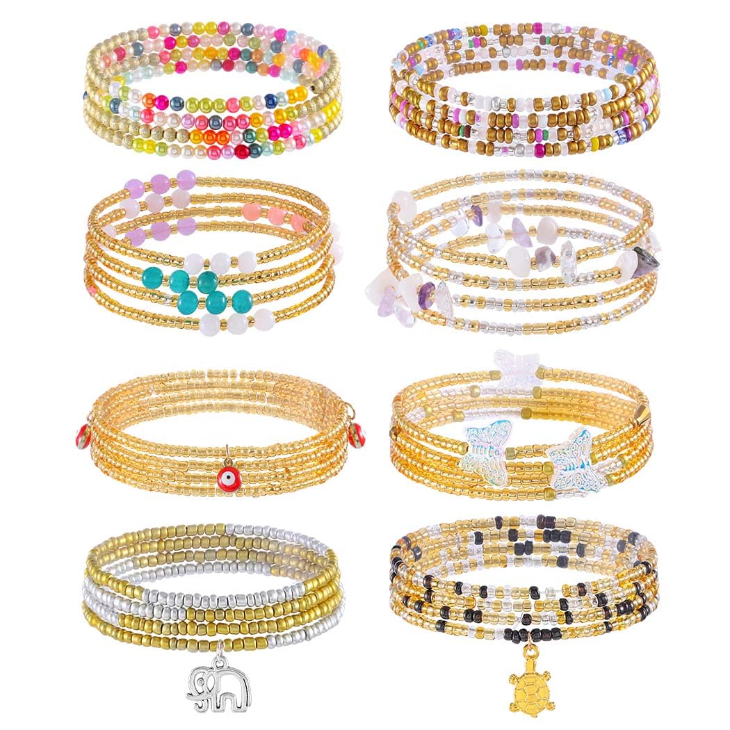 ELABEST 24-39inch African Waist Beads for Women 8Pcs Elastic Belly Beads Colorful Beaded Waist Jewelry Accessories Body Chain (Gold, 23.6inch/60cm)