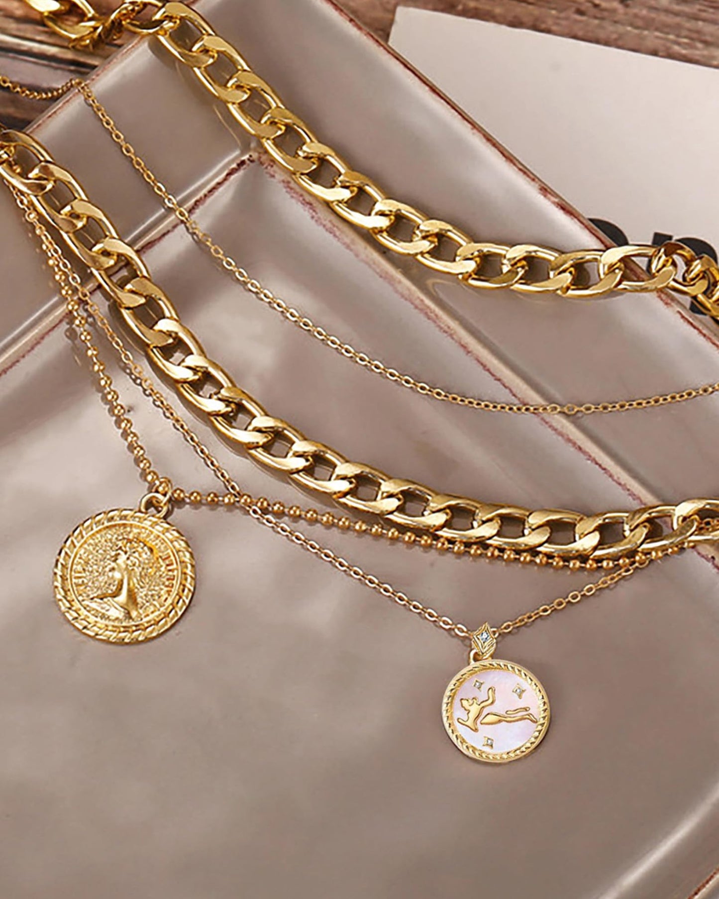 MJartoria Gold Layered Necklaces for Women Trendy Retro Coin Pendant Necklace Dainty Chunky Chain Choker Necklaces for Jewelry Birthday Gifts (Gold, Zodiac-Virgo-3PCS Layered)