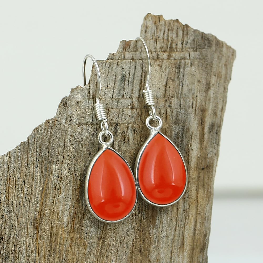 Natural Carnelian Sterling Silver Plated Dangle Earrings for Women - Orange Stone Teardrop Shape July Birthstone Handmade Drop Earrings Jewelry - Christmas Gifts for Her