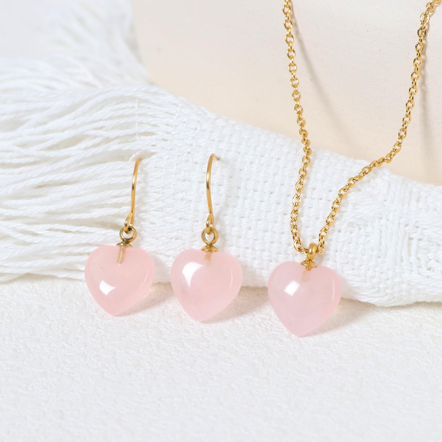 TaYolnFaSo Natural Heart Rose Quartz Jewelry Set for Women 18K Gold Plated Dainty Cute Rose Quartz Earrings and Necklace Set Birthday Gifts