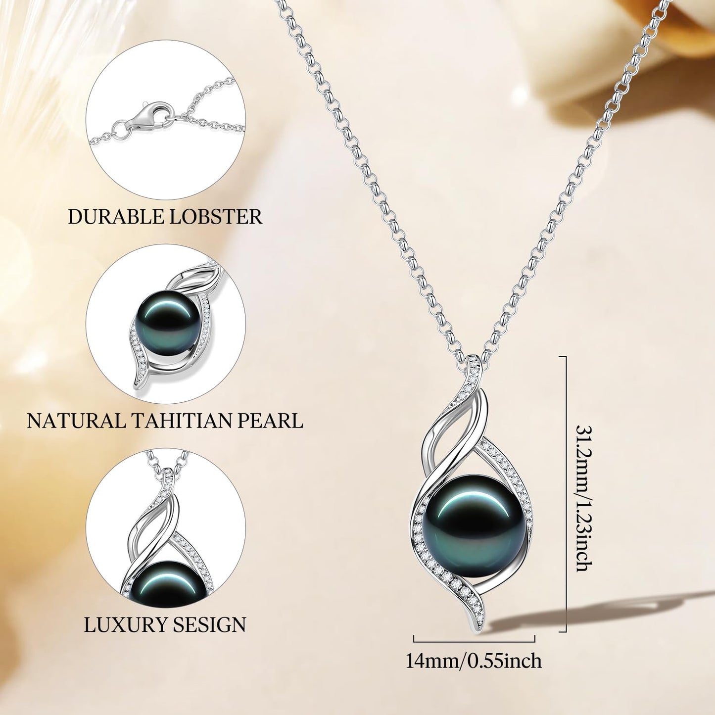 FANCIME Gift for Women Wife Natural Tahitian Pearl Necklace Sterling Silver Moana Grace 10-12MM Black Pearl Luxury Jewelry Gift for Women, Mother, Wife, 16"+2" Adjustable