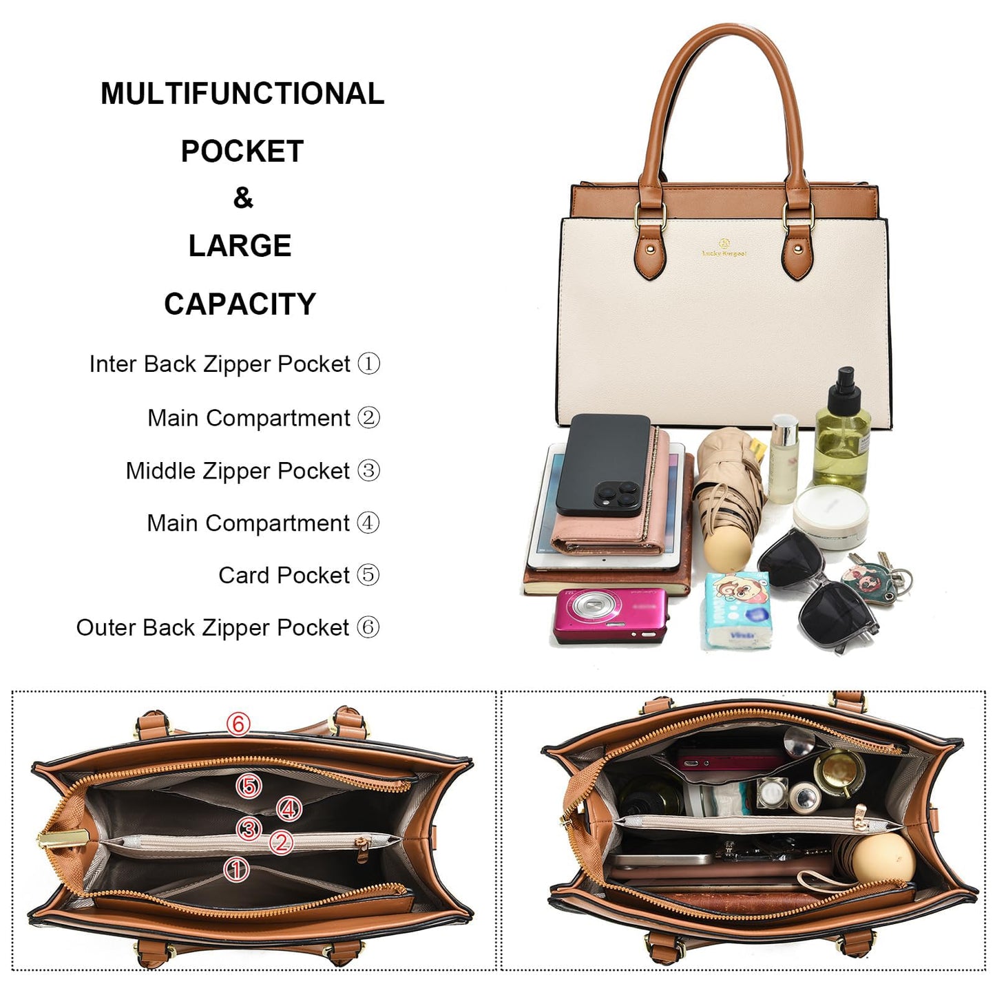 KURGOOL Handbags Purses for Women, Trendy Leather Dual-tone Tote Purse, Designer Handbag Shoulder Bag Top Handle Satchel Bags (Beige & Brown)