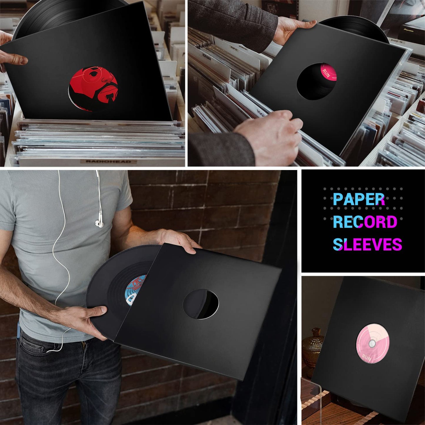 Facmogu 10PCS 12in Vinyl Record Sleeves, 350gsm Heavyweight Cardboard Record Jacket with Hole, LP Vinyl Album Covers Jackets for 33 RPM, Anti Static Record Storage Protector Cover - Glossy Black