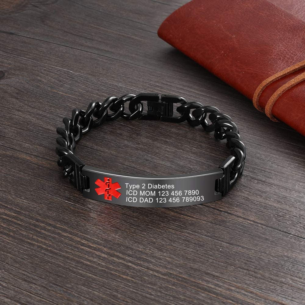 Giftider Custom Medical Alert Bracelet Engraved Emergency ID Stainless Steel Bracelets for Adults Men Women 7.5-8.5-9.8 Inch