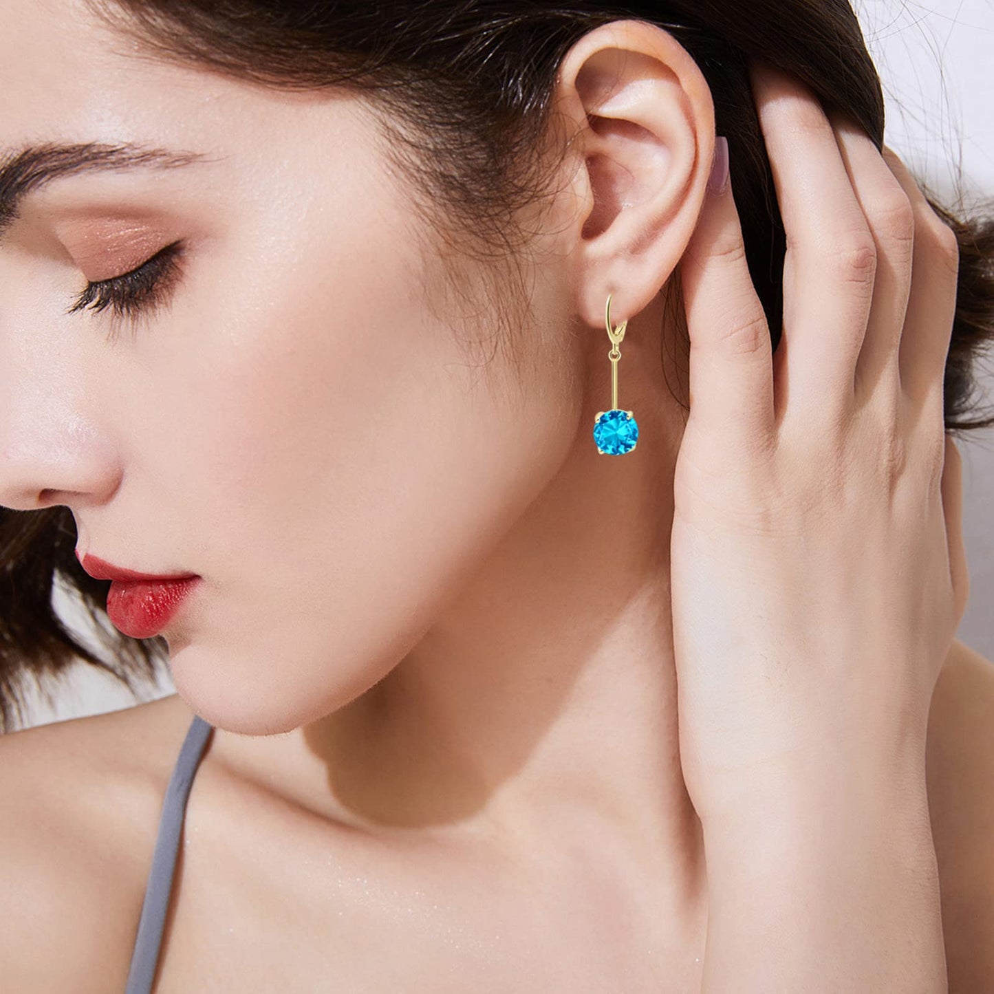 VONSSY Gemstone Drop Dangle Earrings | Platinum /Gold Plated Leverback Crystal Cubic Zirconia Hanging Red /Pink/Blue Earrings (Blue-Gold)