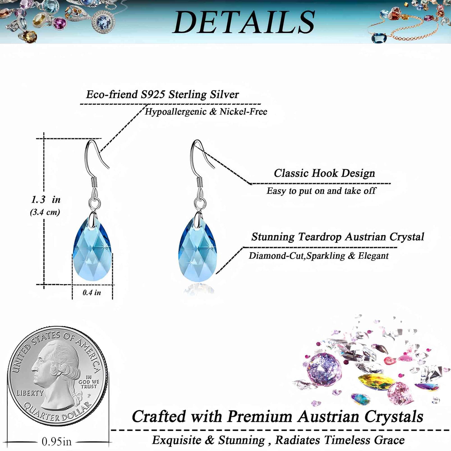 Teardrop Austrian Crystal Drop Dangle Earrings for Women 925 Sterling Silver Hook Hypoallergenic Earring (Aquamarine)