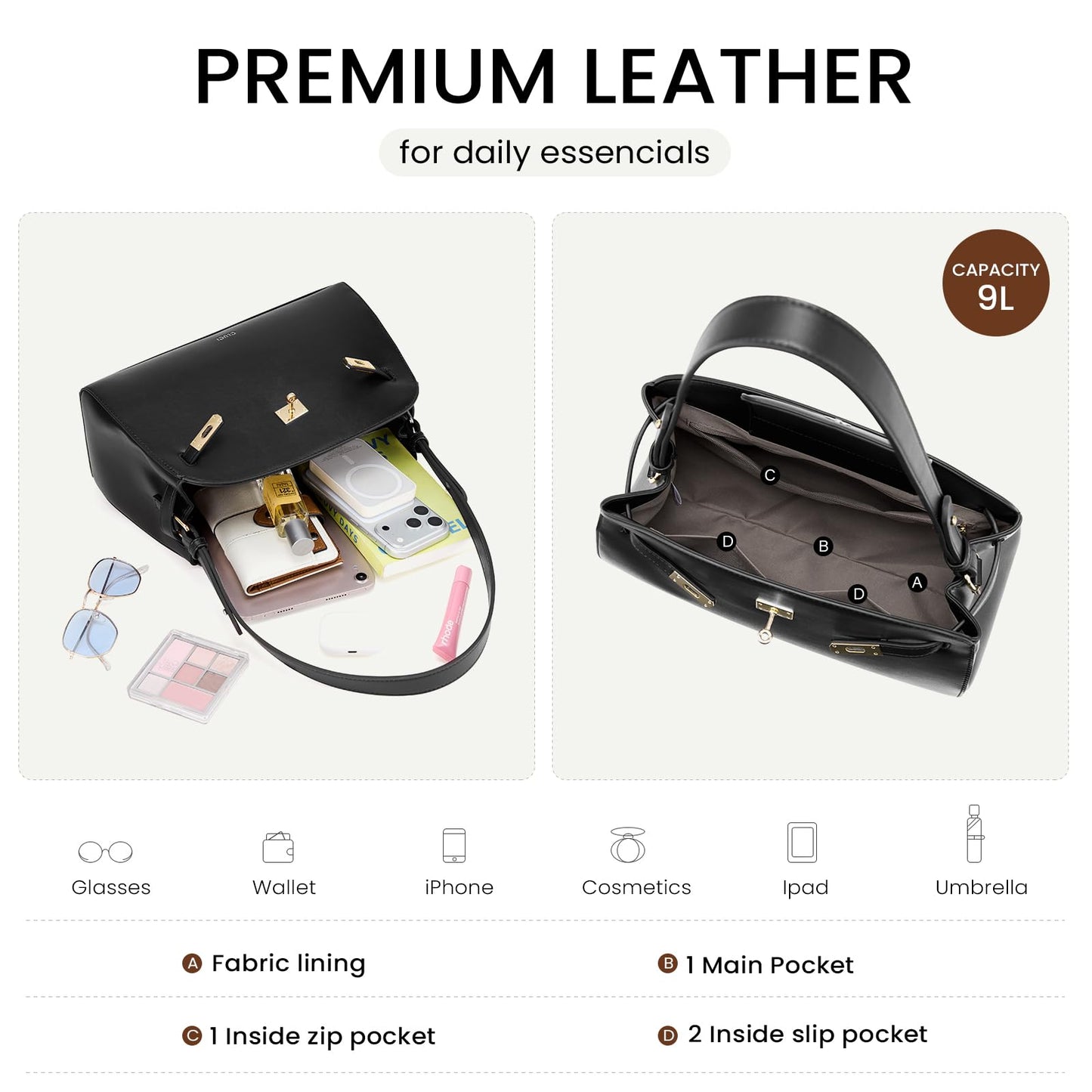 CLUCI Purses for Women, Water Repellent Shoulder Handbags with 2 Adjustable Straps, Vegan Leather Crossbody Bag Black