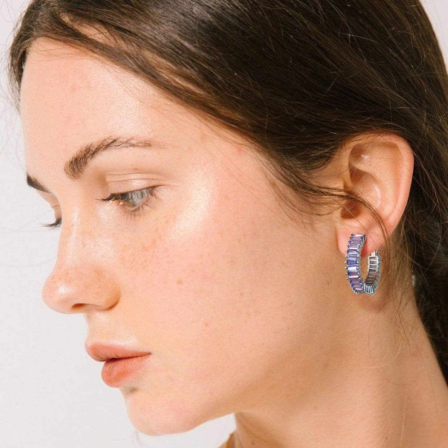 GLOQUAT Purple Hoop Earrings White Gold Plated Amethyst Earrings for Women Purple Rhinestone Earrings Lavender Earring Round Circle Hoops Vintage Baguette Cubic Zirconia Hoop Jewelry Gift 25mm