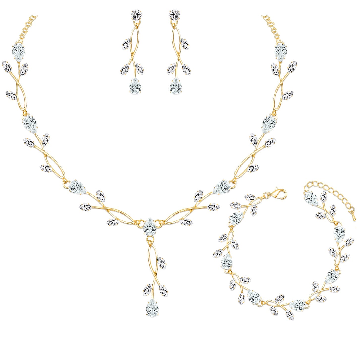 CSY Elegant Bridal Jewelry Sets Clear Cubic Zirconia Wedding Necklace Earrings Bracelet Set for Birdes Bridesmaids CZ Prom Jewelry (Gold Tone)