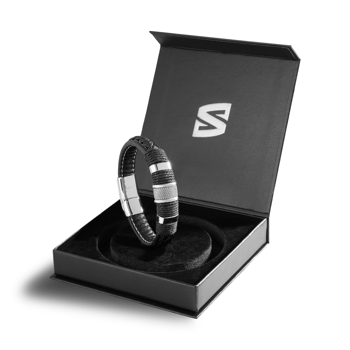 SERASAR Pulsera de cuero plateado 20cm para hombre idea regalo, genuino, caja cierre magnetico ajustable
