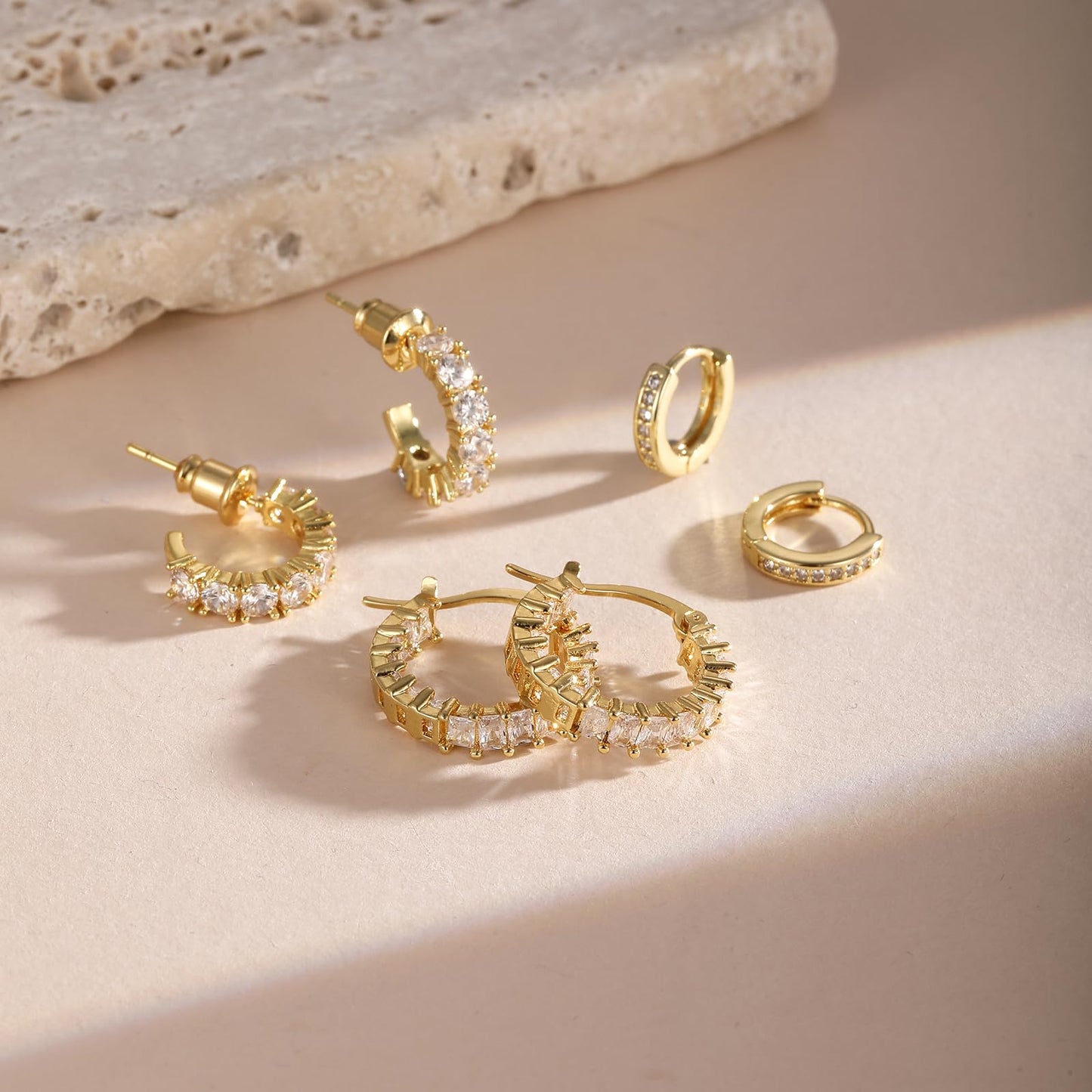 CAROVO 3 Pairs Gold Hoop Earrings for Women Trendy Dainty 14K Gold Plated Cubic Zirconia Huggie Hoop Earrings Stack for Multiple Piercing Jewelry